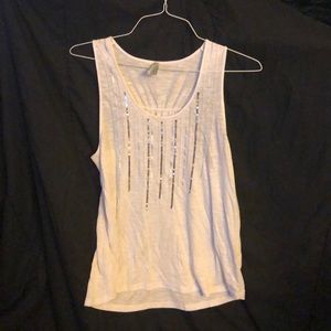 Vanity cinched back glitter front tank top